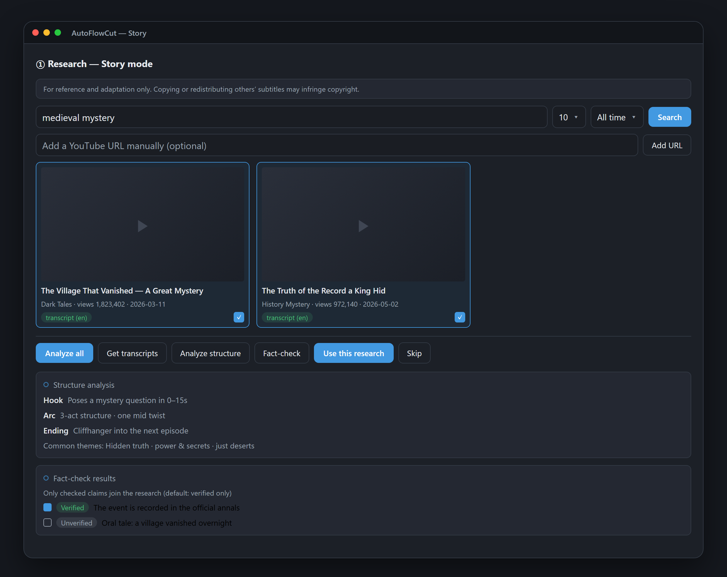 Story-Modus-Recherche-Schritt — Strukturanalyse von Referenzvideos, Viral-Score, Faktencheck