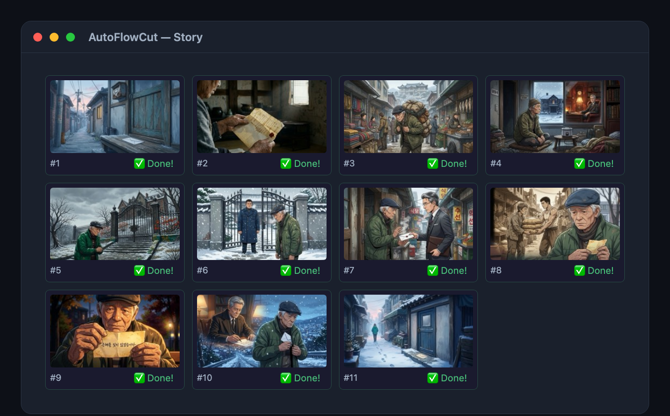 AutoFlowCut results grid — the 11 generated scenes as cards