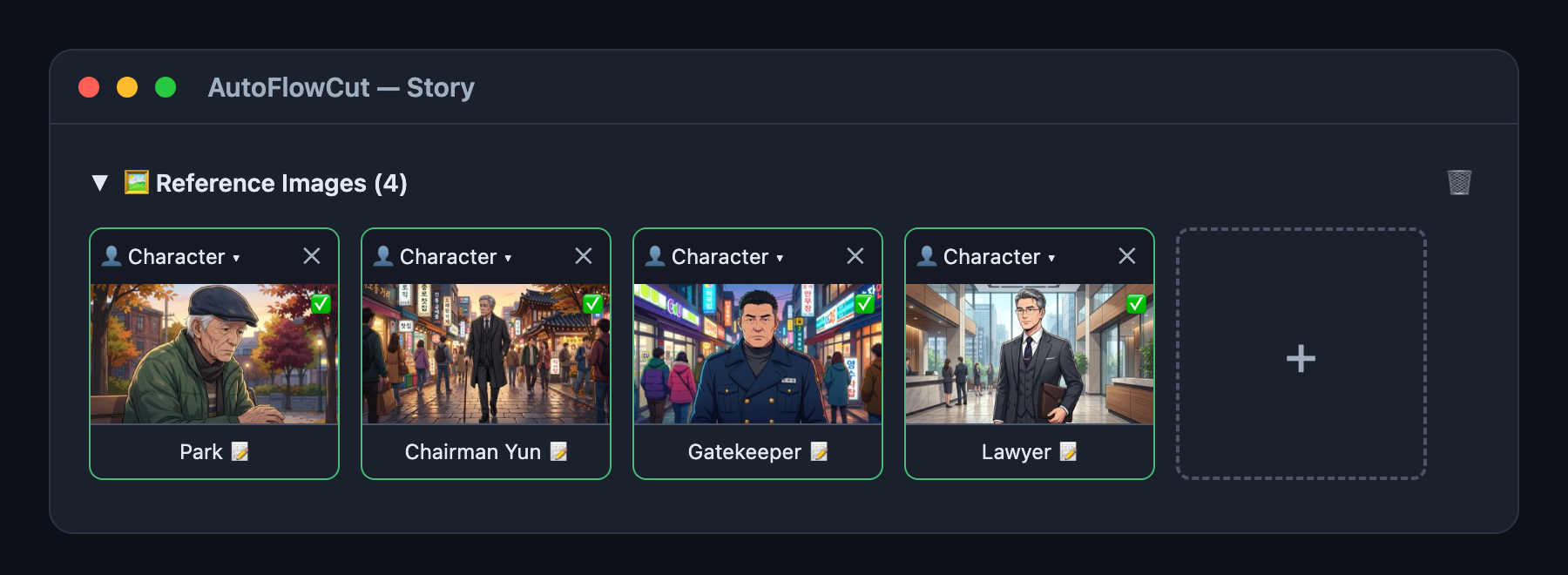AutoFlowCut Ref tab — four generated character reference cards