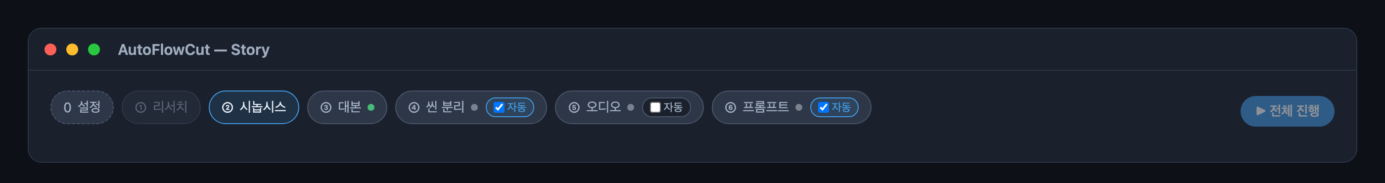 Story 모드 스텝퍼 — 리서치만 회색(비활성), 시놉시스는 등장인물 확인으로 열림