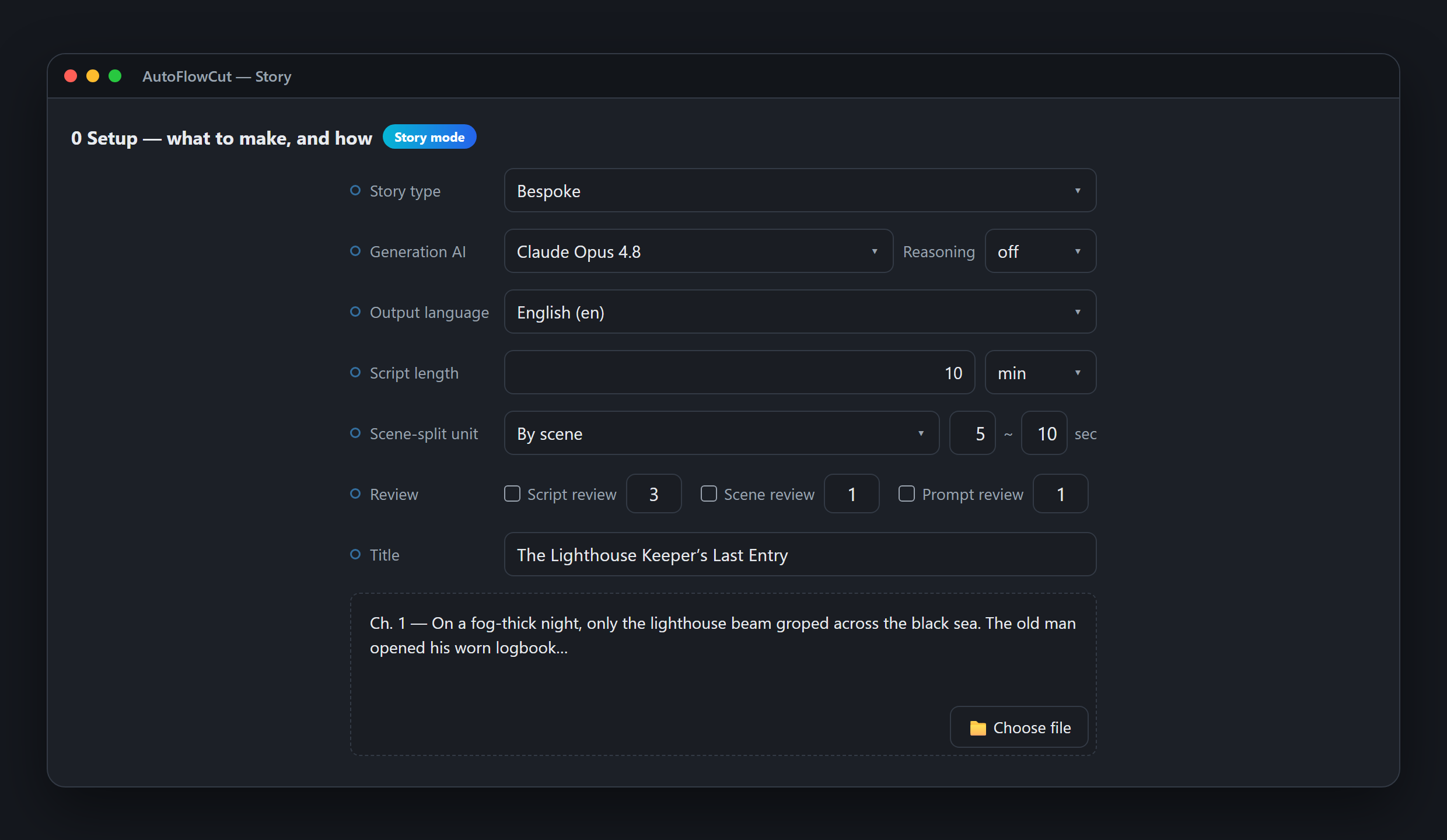 Story-Modus-Setup-Tab — ein fertiges Skript im Feld Skript (optional)