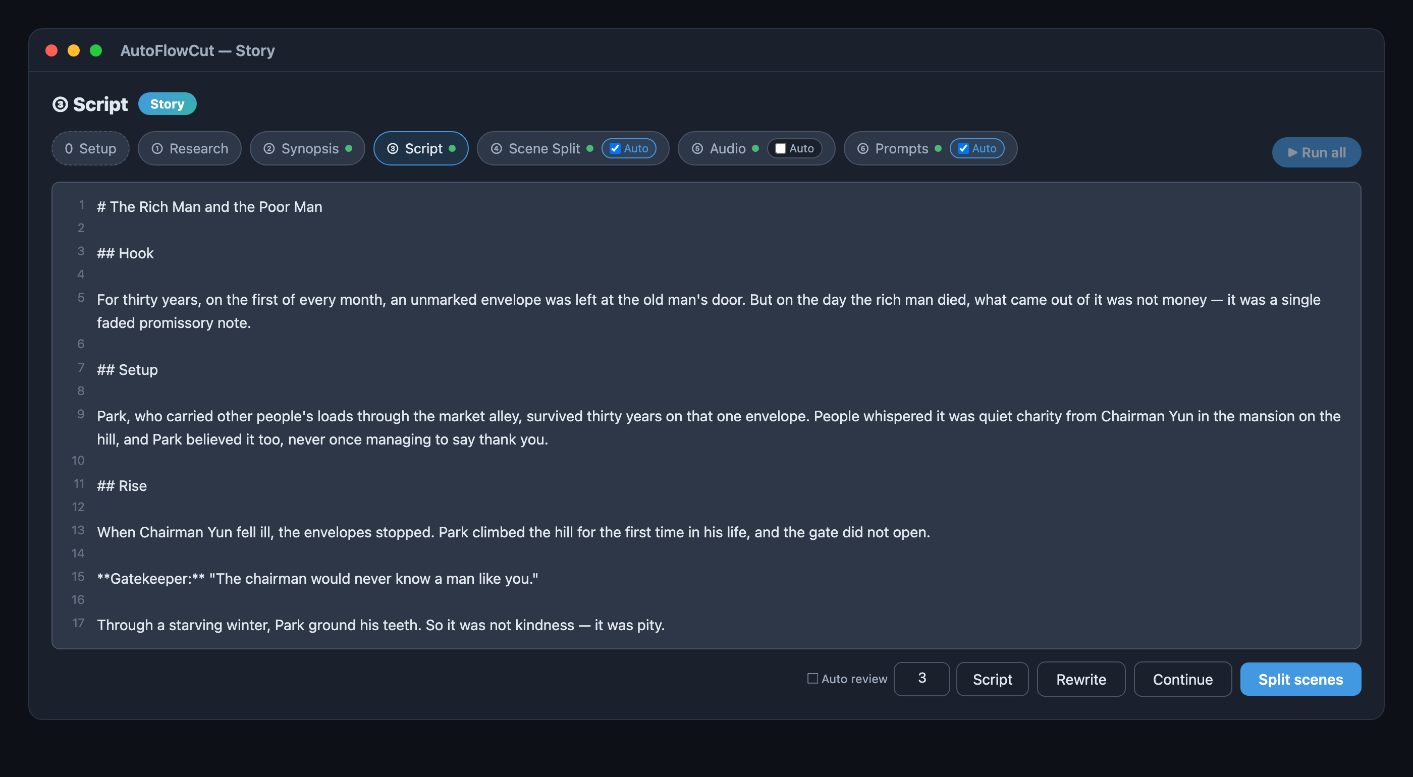 Story mode Script tab — the generated script with speaker dialogue