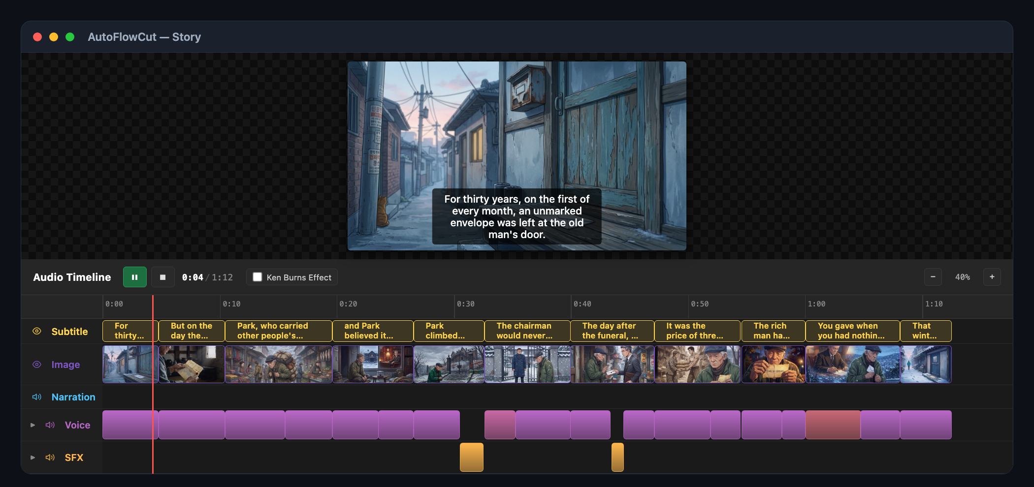 AutoFlowCut audio timeline — preview monitor with image, subtitle, narration, and SFX tracks