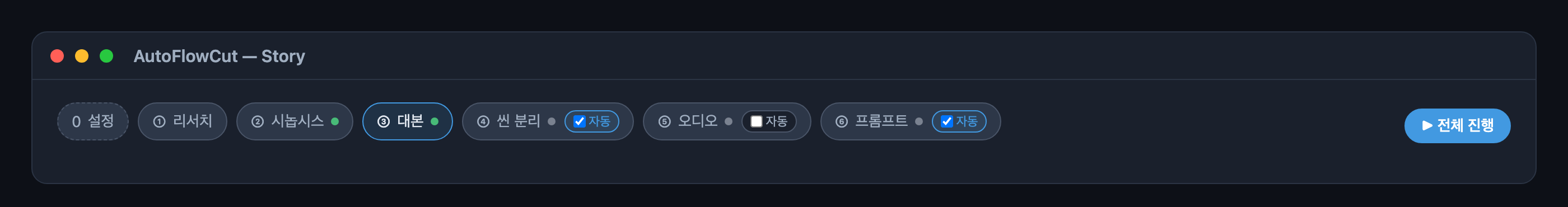 Story 모드 스텝퍼 — 대본까지 끝나 [전체 진행]을 누를 수 있는 상태